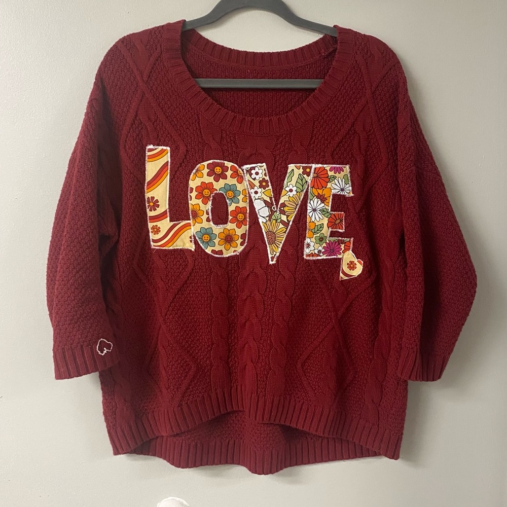 HANDMADE CRIMSON KNITTED SWEATER WITH LOVE APPLIQUÉ ON FRONT SIZE LARGE